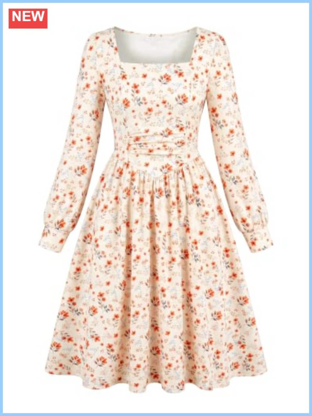 Girls Long Puff Sleeve Square Neck Midi Dress High Waist A-Line Floral